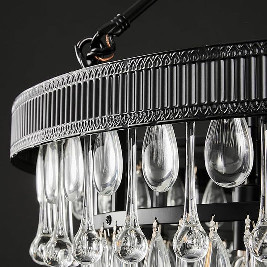Black Modern Raindrop Crystal Chandelier: 28" Round K9 Crystals Contemporary Chandeliers for Dining Room Lights over Table - Adjustable Large Light Chandelier for Bedroom Living Kitchen Entryway Foyer