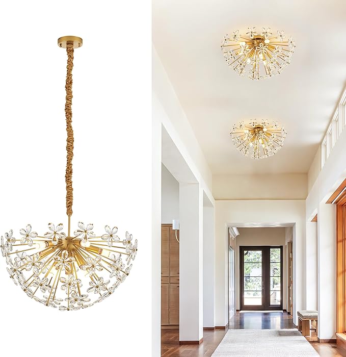 24" Modern Gold Crystal Sputnik Chandelier for Dining Living Room Glam Luxury Petal Semicircle Chandelier 8-Light for Foyer Hallway Elegant Pendant Ceiling Light Fixtures for Kitchen Bedroom