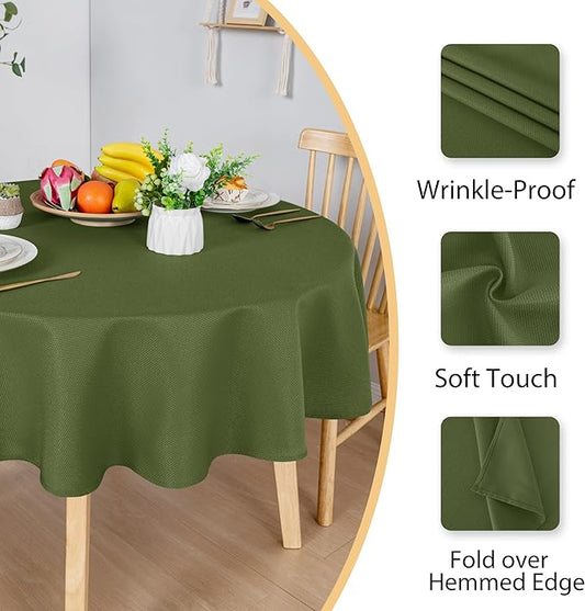 Hiasan Round Textured Tablecloth 60 Inch - Waterproof Spillproof Antiwrinkle Jacquard Table Cloth, Decorative Polyester Table Cover for Kitchen, Outdoor Picnic, Holiday and Parties, Olive Green