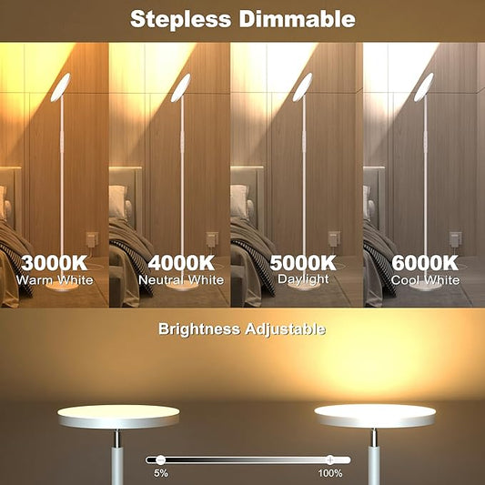 Yikuneng Super Bright Floor Lamp for Living Room, Stepless Dimmable LED Standing Lamp with Remote and Touch Control, 69” Tall Torchiere Corner Lamp for Bedroom Office Hotel, White