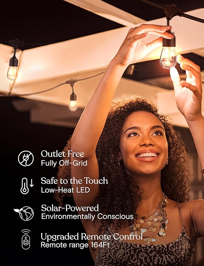 Brightech Ambience Pro Super Bright Solar - 27Ft Remote Control Outdoor String Lights, Shatterproof S14 Edison Bulbs, Commercial Grade LED, Waterproof Patio Lights for Deck, 4W Soft White, 12 Bulbs