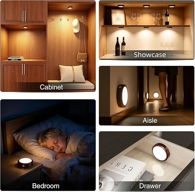 Puck Lights with Remote Control Rechargeable, Full-Screen Wireless LED Under Cabinet Lighting with Light Guide Plate,3 Color Dimmable Stick On Tap Lights for Kitchen,Counter,Closet,Shelf, 4PCS,Wood
