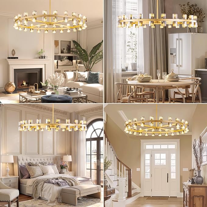 48-Light Large Gold Chandeliers for High Ceilings, 48 Inch Modern Crystal Wagon Wheel Chandelier, Farmhouse Industrial Round Chandelier Pendant Lighting Fixture for Dining Living Room Kitchen Foyer