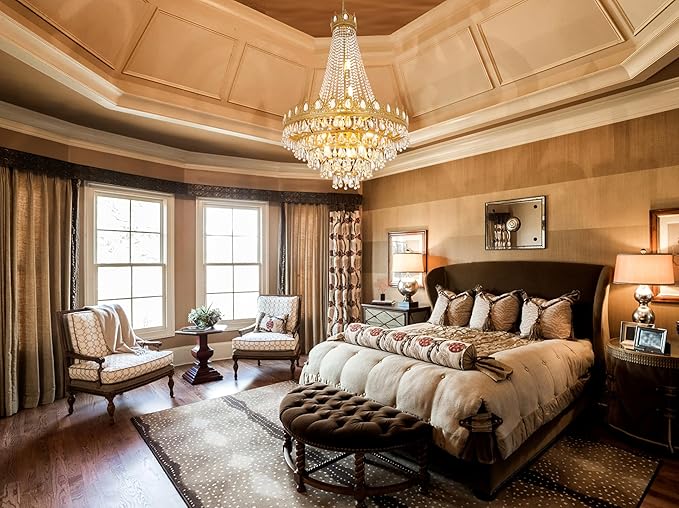 TOCHIC French Empire Crystal Chandelier 9 Lights Modern Gold Chandelier, Luxury High Ceiling Light Fixture for Dining Living Room, Bedroom, Kitchen Island, Foyer, Hallway, 28.5" W x 43.7" H