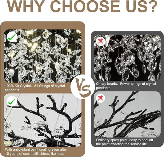 Modern Black Crystal Tree Branch Chandelier, 23" Black K9 Crystal Chandeliers for Dining Room, Round Chandelier for Living Room,High Ceiling,Kitchen Island,Foyer,Staircase
