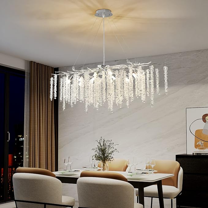 Modern Rectangle Crystal Tree Branch Chandelier, L40'' Silver Linear Art Deco Raindrop Indoor Hanging Pendant Light Fixture for Kitchen Island Dining Room Living Room Foyer 13 Lights
