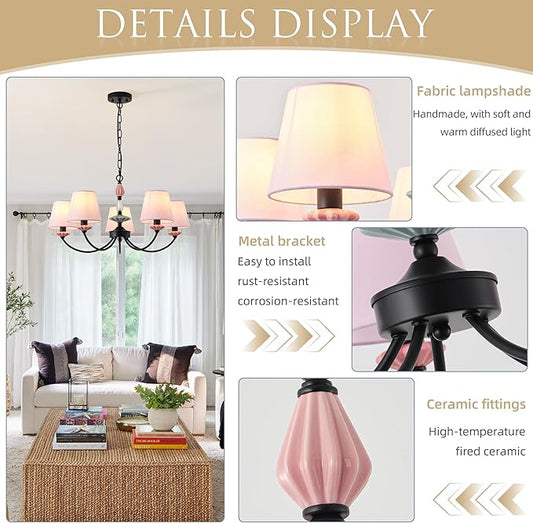 Pink Chandelier for Bedroom Light Fixture,Art Deco Chandelier with Fabric Shade,Antique Modern Chandeliers paired with Ceramic,Black Chandelier for Girls Bedroom,Living Room,Dining Room