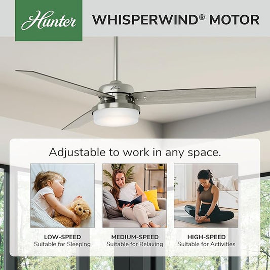 Hunter 60 inch Indoor Ceiling Fan with LED Light and Remote Control - Standard Mount Ceiling Fan, 3 Blades, For Bedroom or Living Room - Sentinel 59459, Brushed Nickel