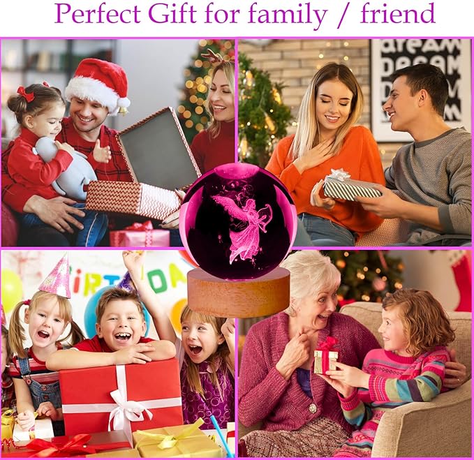Guardian Angel Crystal Ball Lamp,16 Colors Glass Angels Figurine Ball Night Light with Wooden Base and Remote Control, Angels Gifts and Birthday Gift for Women Men Kids (Angel)