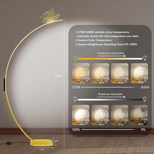 Modern Butterfly Arc Floor Lamp - Dimmable 2000 Lumens Arched Floor Lamp with Remote Control, 3 Color Modes & Foot Switch, Elegant Arc Floor Lamps for Living Room, Bedroom, Office Decor (Gold)