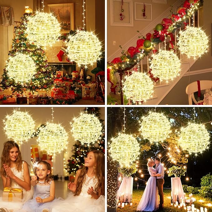 Baung Christmas String Lights Outdoors,4 Pack 15.74" Sphere Lights,Ball Tree Garden Globe Lights for Home, Party, Christmas, Porch Patio,Wedding, Garden,Tree Decoration with Plug