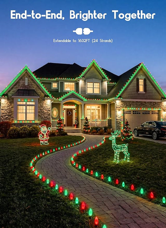 C9 LED Christmas Lights Outdoor, 68 Feet 100 LED Strawberry String Lights With 100 Spring Clamps, Waterproof Commercial Grade Extendable for Outside Roofline Patio Home Xmas Decoration, Red & Green