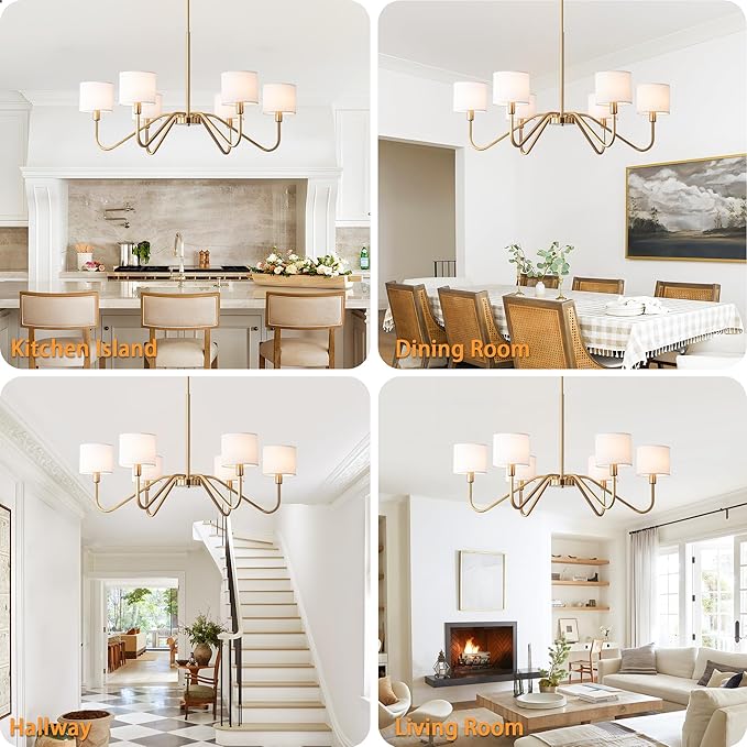 Modern Gold 6-Lights Chandelier, 39" Pendant Light with White Fabric Shade Adjustable Classic Chandelier Light Fixtures for Kitchen Island Dining & Living Room Entryway