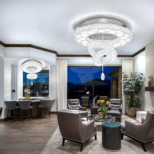 Flashing God Dia 24" Crystal Chandelier Crystal Silver Ceiling Light Fixtures LED Flush Mount Ceiling Light for Living Room Bedrooms Dining Room Dimmable 2700k 4500k 6000k