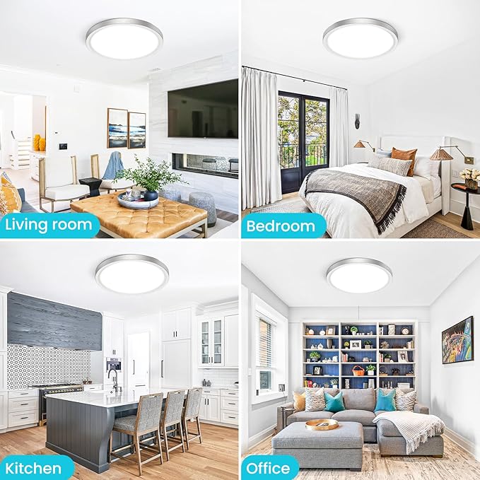 libtit 16Inch Flush Mount LED Ceiling Light Fixture, 3000K 4000K 6500K Adjustable, 36W 3600lm Brushed Nickel Satin Round Ceiling Lamp for Bathroom Shower Hallway Kitchen, 4 Pack