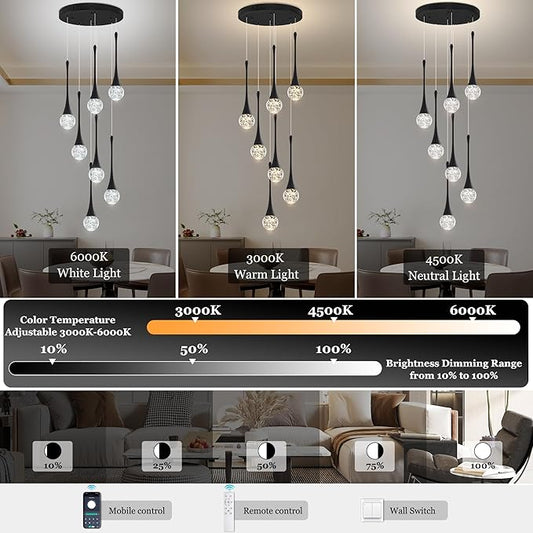 Modern Black Crystal Chandelier for Kitchen Island 7-Lights, Luxury Spiral Dimmable LED Bubble Raindrop Pendant Lighting Fixture for Dining Room Foyer Entryway Bedroom