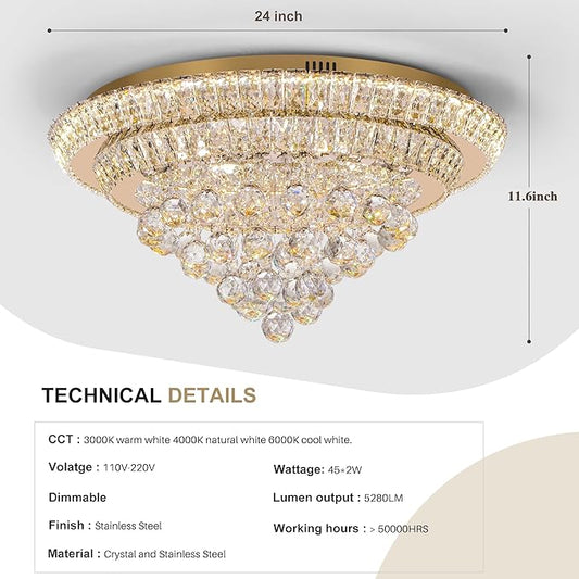 COCOSTAR 24" Gold Crystal Chandeliers, Flush Mount Chandelier LED Ceiling Light, Modern Crystal Raindrop Chandeliers for Dining Room, Living Room, Bedroom