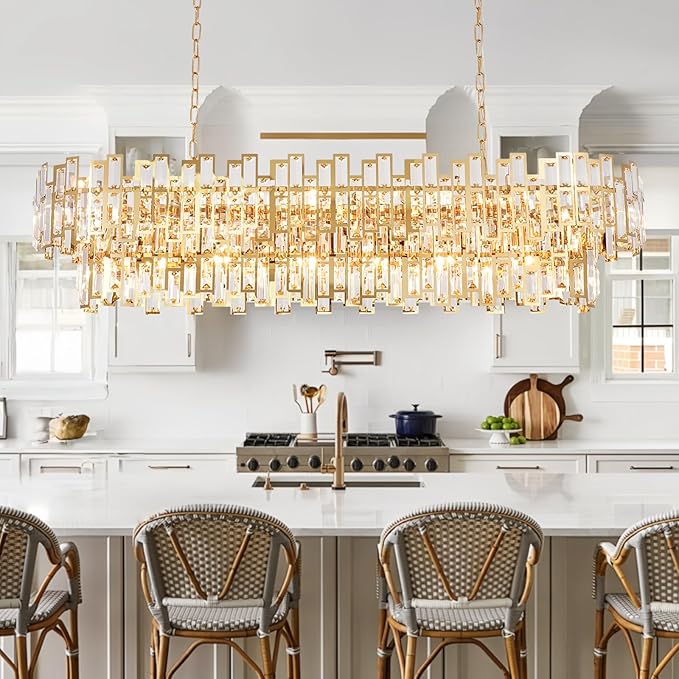 Rectangle Gold Chandeliers for Dining Room 2-Tier 16 Lights Modern Crystal Chandelier Luxury Rectangular Oval Preinstalled Top K9 Crystal Contemporary Pendant Lighting Fixture 51"