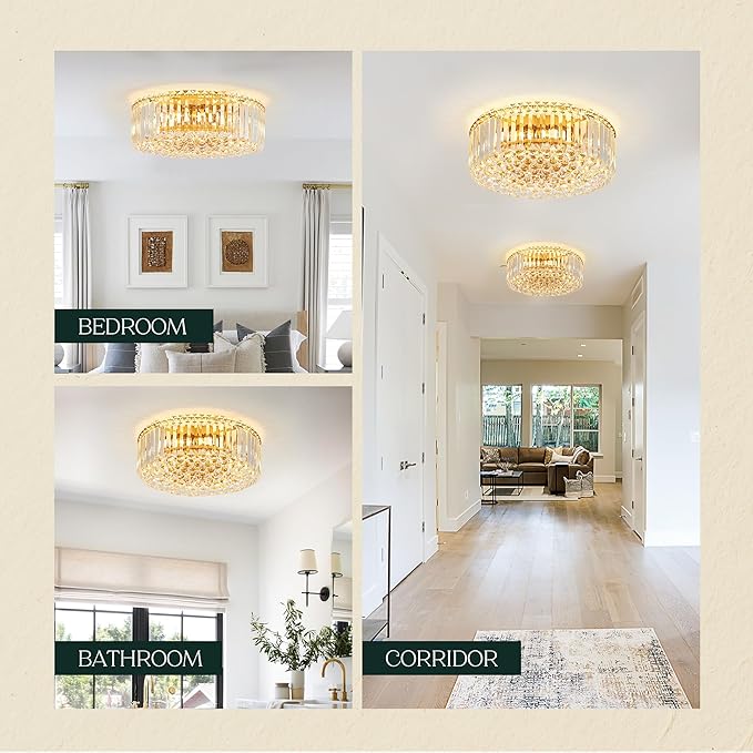 17.3" Gold K9 Crystal Raindrop Flush Mount Ceiling Light, Modern Chandelier, Round Luxury Light Fixture for Dining Room, Bedroom, Hallway, Kitchen Island & Living Room