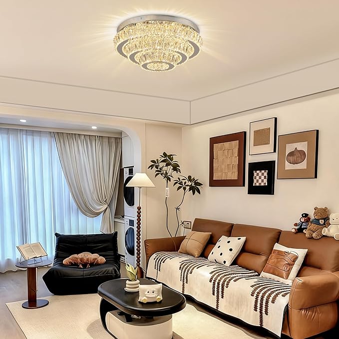 Modern 3-Tier Round Crystal Ceiling Light, 17.7" Flush Mount Chandelier, 3 Color Temperatures via Wall Switch, K9 Crystal LED Ceiling Lamp for Living Room Bedroom Dining Room Hallway, Non-Dimmable