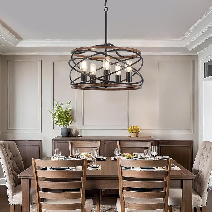 19.7'' Farmhouse Industrial Chandelier for Dining Room, 5-Light Rustic Black and Brown Metal Wood Texture Drum Chandeliers Hanging Light Fixture for Entryway Kitchen Foyer Bedroom Living Room