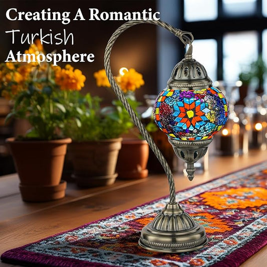 Marrakech Tiffany Style Stained Glass Table Lamp, Handmade Turkish Moroccan Mosaic Glass Lamp with Swan Neck Bronze Base, LED Bulb Included, Vintage Beside Lamp for Bedroom Decoration (Colorful1)