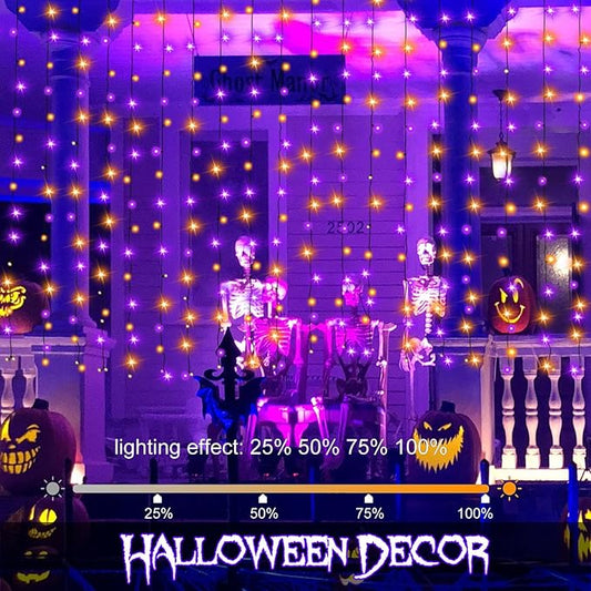 Purple Orange Curtain Lights Battery Operated Halloween 300 LED Hanging Curtain Lights with Remote 8 Modes Timer for Wedding Halloween Party Decór (9.8ft×9.8ft)