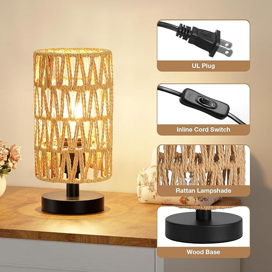 Fenmzee Small Table Lamp for Bedroom - Inline Control, Bedside Lamp with 3000K A15 LED Blub, Easy Assembly(Rattan Rope Shade-Black Base,9" Inline Control)
