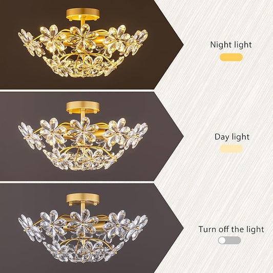 TOCHIC Flush Mount Ceiling Light Fixture, Crystal Chandelier Gold Semi Flush Mount Ceiling Light 18" Contemporary 6-Light Chandeliers for Bedroom Living Room Entryway Bathroom