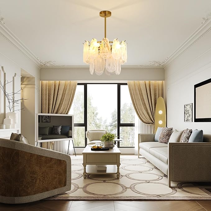 Modern Gold Cloud Glass Chandeliers, 15.7 Inches Creative Crystal Pendant Ceiling Fixture, 2 Tier Luxury Height Adjustable Chandelier, 4-Light for Bedroom Living Room Dining Room Hallway Foyer (E12)