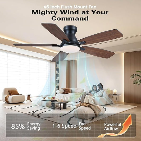 JSAITEE Ceiling Fan with Lights and Remote Control - 46In Flush Mount Ceiling Fan with 3CCT Dimmable, 6 Wind Speeds and Timing, Low Profile Fan for Modern Bedroom, Kitchen, Living Room