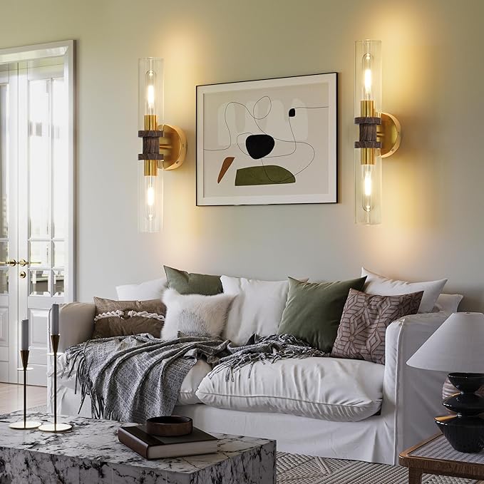 10000mAh Battery Operated Wall Sconce Set of 2, Gold & Walnut Rechargeable Wall Sconces, Modern Cordless Wall Lights with Remote Control, Dimmable for Living Room, Bedroom, Hallway, Entryway 3000K