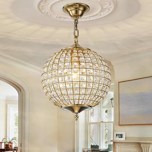 Gold Globe Crystal Chandelier, 12.6" Vintage Sphere Globe Chandelier Pendant Light Small Flush Mount Ceiling Light for Foyer Entryway Hallway Dining Room