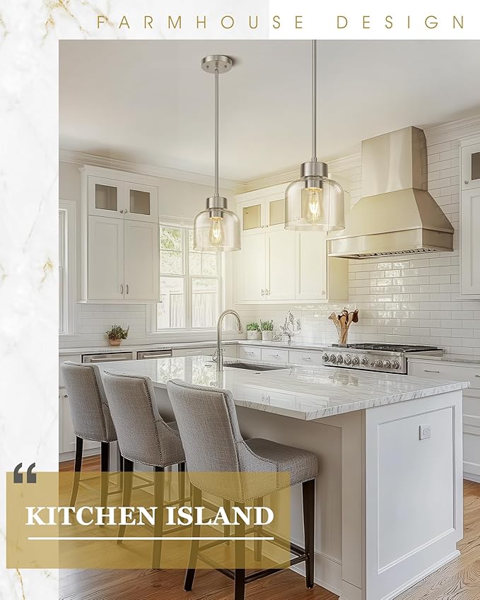 2-Pack Pendant Lights Kitchen Island, 7" Brushed Nickel Hanging Lights Fixtures with Clear Glass Shade, Modern Kitchen Pendant Lighting Over Island for Dining Room, AD-24024-1P2-SN