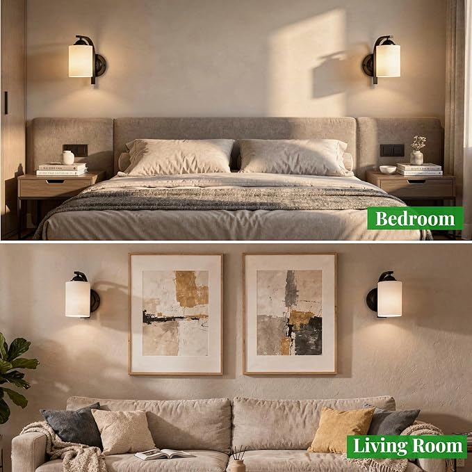 Wall Sconces Lights for Bedroom Bathroom, Modern Vanity Light Fixtures, Matte Black Farmhouse Wall Mount Lighting, Hardwired Wall Lights with Glass Shade for Living Room Mirror Hallway