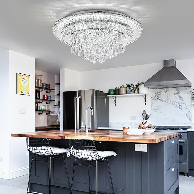 24 inch Crystal Silver Ceiling-Light Flush Mount With Remote Control and APP, 3CCT Dimmable & Brightness Adjustable, Modern Crystal Raindrop Chandeliers for Bedroom Hallway Dinning Room Living Room