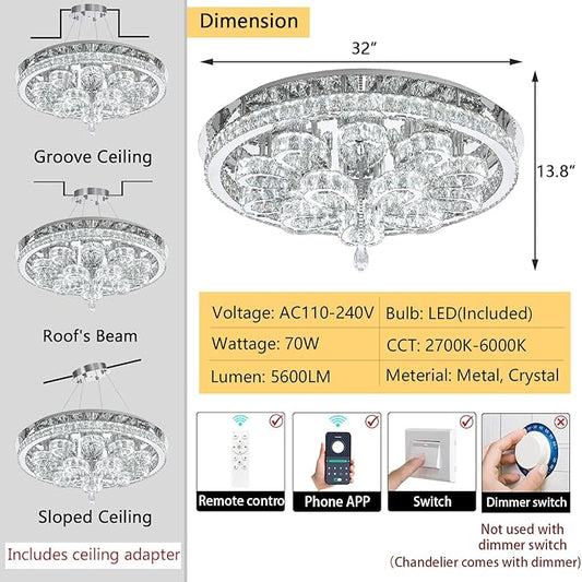 Modern Chandeliers for Living Room Crystal Chandelier Ceiling Light Fixture LED Dimmable with Remote Pendant Lighting Flush Mount Lighting for Dining Room Bedroom Silver