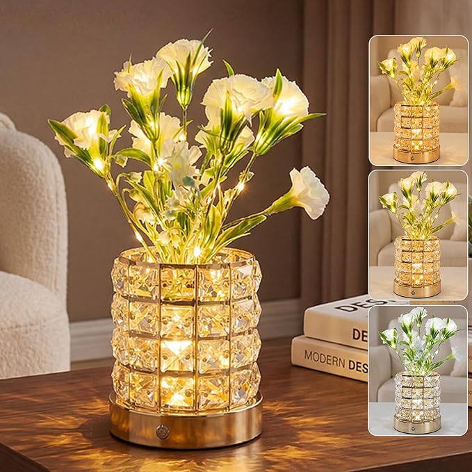 Lily Flower Lamps, Rechargeable Cordless Small Desk Lamp, 3 Colors Dimmable Artificial Flowers Night Light, Fake Bouquet 3 Lilies with Crystal Vase for Home Date Party Decoration (White - Carnation)