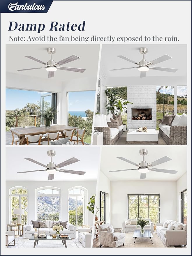52 Inch Ceiling Fan with Light and Remote, 6 Speeds Reversible DC Motor Ceiling Fans for Bedroom Living Room Patio, 3CCT Dimmable LED, 5 Wood Blades, Downrod Mount, Sloped Ceiling Compatible