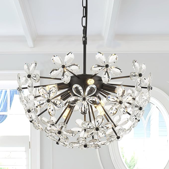 17" Modern Black Crystal Sputnik Chandelier for Dining Living Room Glam Luxury Petal Hemisphere Chandelier 7-Light for Foyer Hallway Elegant Pendant Ceiling Light Fixture for Kitchen Bedroom