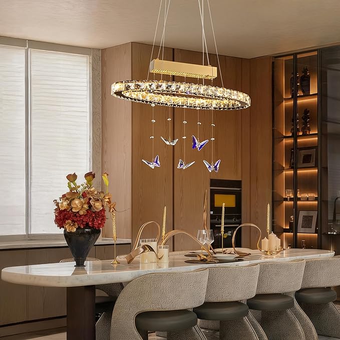 L 24" LED Gold Crystal Butterfly Chandelier, Dimmble LED Light Fixtures with Remote, Gold Modern Oval Crystal Chandeliers, for Dining Room, Kitchen Island, Entryway, Living Room, Bedroom