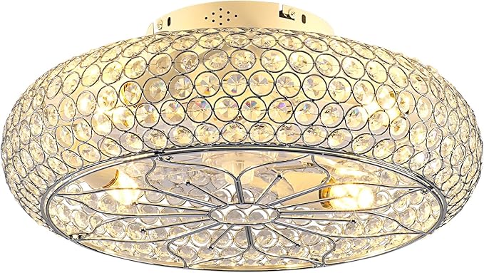 20" Crystal Ceiling Fan with Lights - Enclosed Bladeless Design, Reversible DC Motor & Remote, 6-Speed Quiet, Flush Mount Low Profile Electroplated Mirror Finish, for Bedroom/Living Room