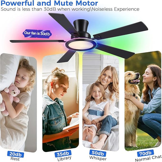 Ayaoty Ceiling Fans with Lights - 52in Flush Mount Ceiling Fan with RGB Dimmable, 3CCT 6 Wind Speeds and Reversible Quiet Motor, Low Profile RGB Fan Light for Modern Indoor, Party - Black RGB