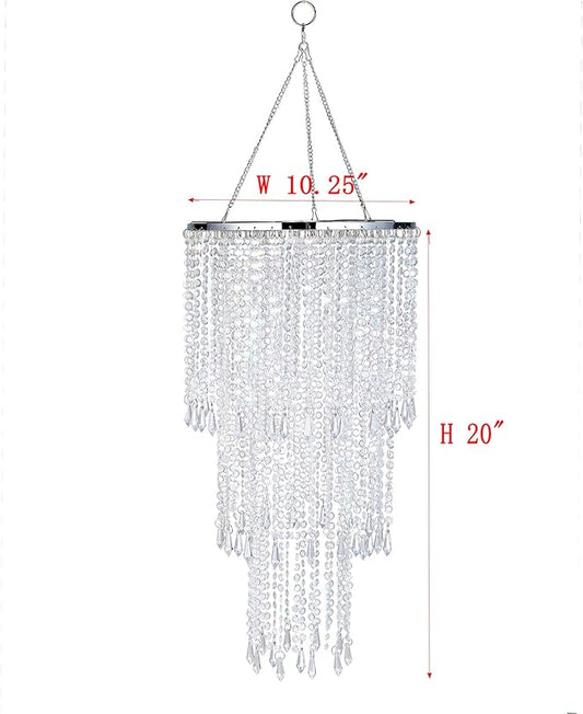 Modern Chrome Beaded Hanging Chandelier (W10.25 x H20”),3 Tiers Beads Pendant Shade, Ceiling Chandelier Beaded Lampshade with Acrylic Jewel Droplets (Crystal Iridescent)