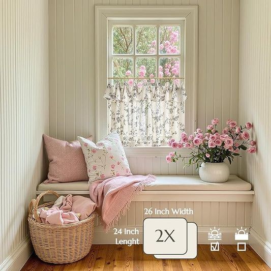 jinchan Floral Linen Kitchen Curtains with Attached Valance 24 Inch Length Farmhouse Cafe Tier Curtains for Living Room Bathroom Rustic Half Window Light Filtering Small Drapes 2 Panels Black