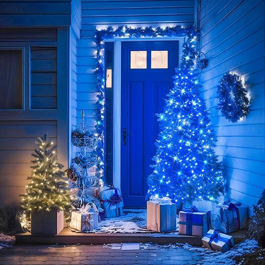 LAMPHOME 33FT 100 LED Blue Christmas Lights,16 Modes Connectable Fairy String Lights, Plug in Indoor Outdoor Blue Lights for Xmas Tree, Party, Garden, Hanukkah, Independence Day Patriotic Patio Decor