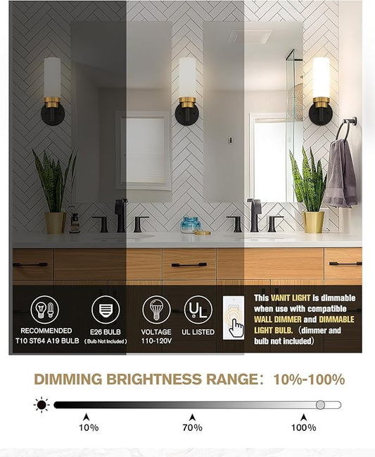 Emak Modern Wall Sconce, Black and Gold Bathroom Light Fixtures with Milk Glass Shade, Sconces Wall Lighting for Bathroom, Bedroom, Living Room, Hallway, WS085-BKBGD-ML