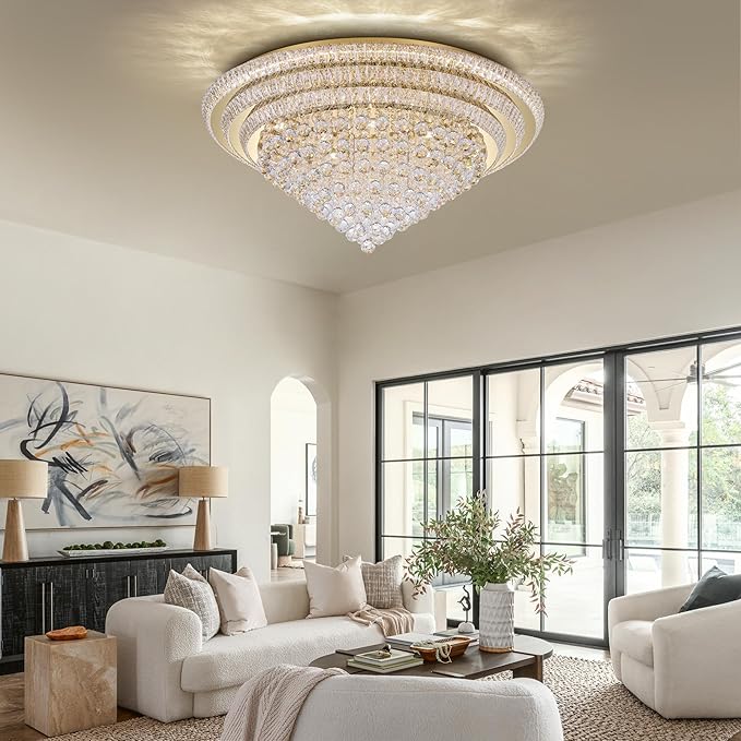 COCOSTAR 40" Gold Crystal Chandeliers, Flush Mount Chandelier LED Ceiling Light, Modern Crystal Raindrop Chandeliers for Dining Room, Living Room, Bedroom
