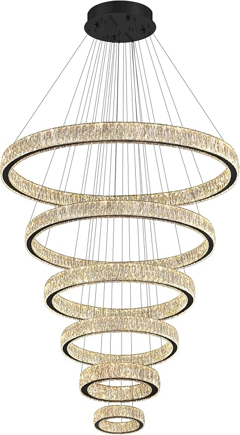 Extra Large 6 Ring Crystal Chandelier Modern LED Long Crystal Chandelier for High Ceiling Height Adjustable Black D8+15.7"+23.6"+31.5"+39.4"+47.5" Dimmable 2700K-6000K