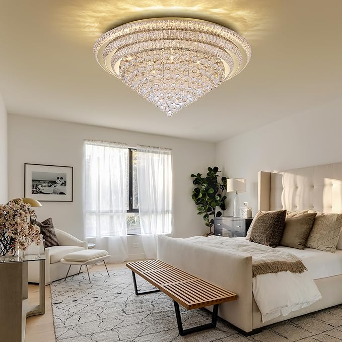 Miuyhji 40" LED Crystal Raindrop Ceiling Light,Rose Gold, Large Elegant Semi Flush Mount Chandelier Light Fixture with Remote Control for Living Room Kitchen Bedroom Hallway Entryway Foyer(Dimmable)